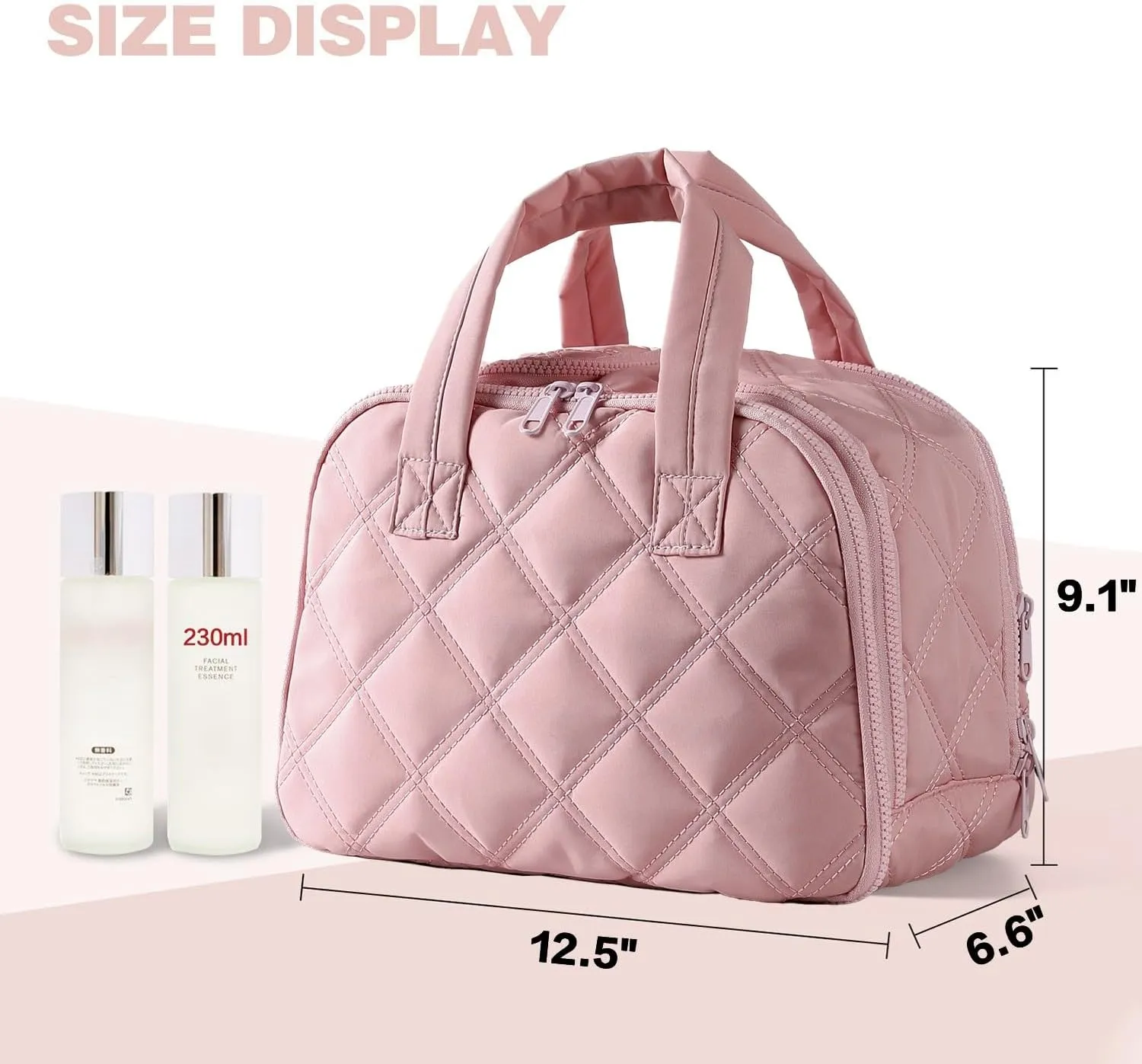 Travel Toiletry Bag – Lightweight Puffy Makeup Bag for Women, Large Wide-open Cosmetic Organizer with Dry-Wet Separation, Luggage Strap & Handle for Easy Travel, Gym, Essentials (PINK)