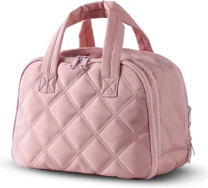 Travel Toiletry Bag – Lightweight Puffy Makeup Bag for Women, Large Wide-open Cosmetic Organizer with Dry-Wet Separation, Luggage Strap & Handle for Easy Travel, Gym, Essentials (PINK)