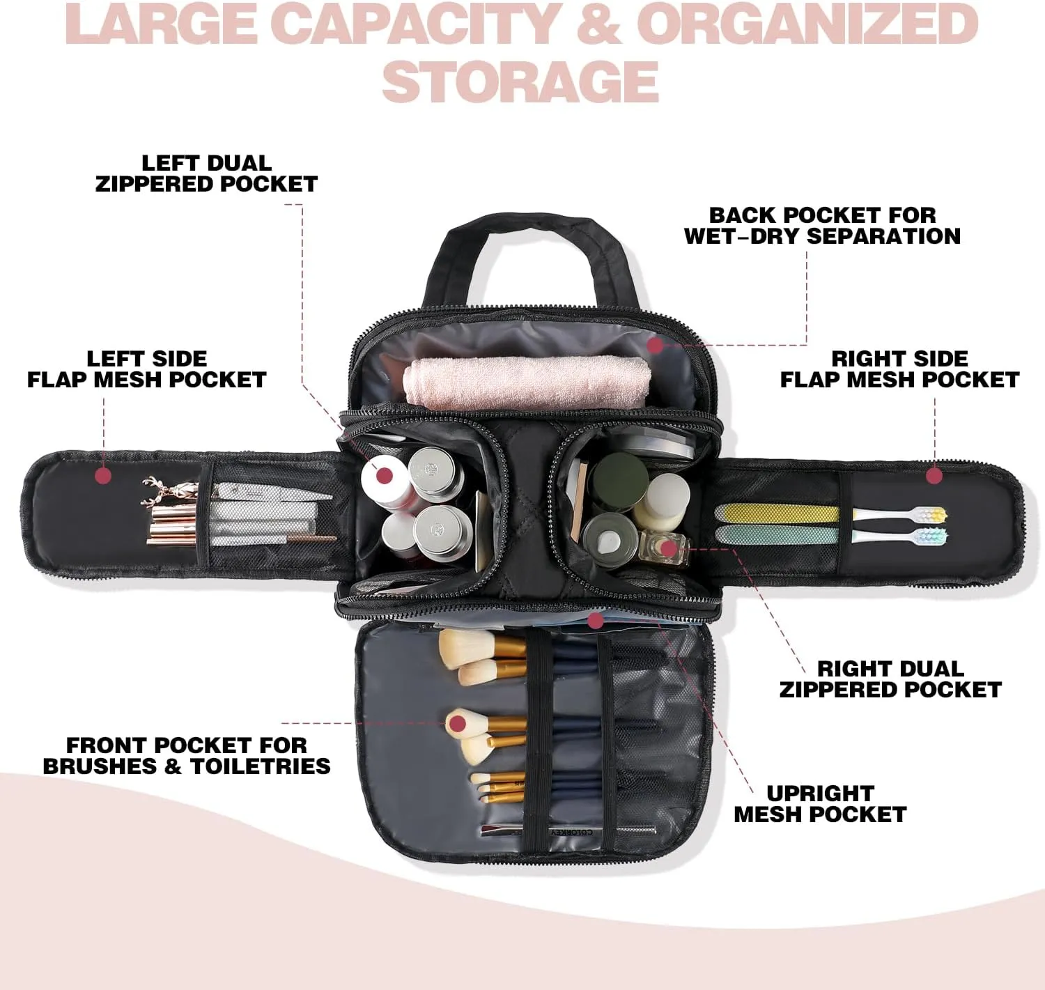 Travel Toiletry Bag – Lightweight Puffy Makeup Bag for Women, Large Wide-open Cosmetic Organizer with Dry-Wet Separation, Luggage Strap & Handle for Easy Travel, Gym, Essentials (PINK)