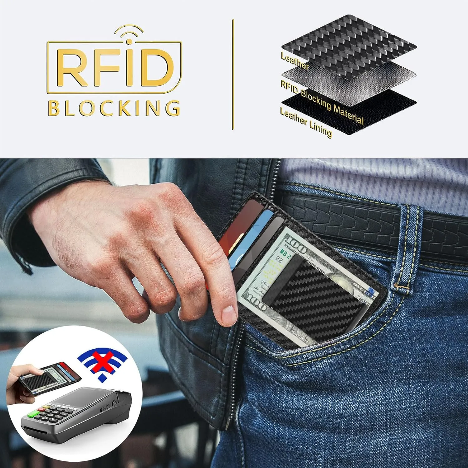Travelambo Money Clip for Men Carbon Fiber Clip Wallet Leather Slim Minimalist Card Holder RFID Blocking (Weaved Black)
