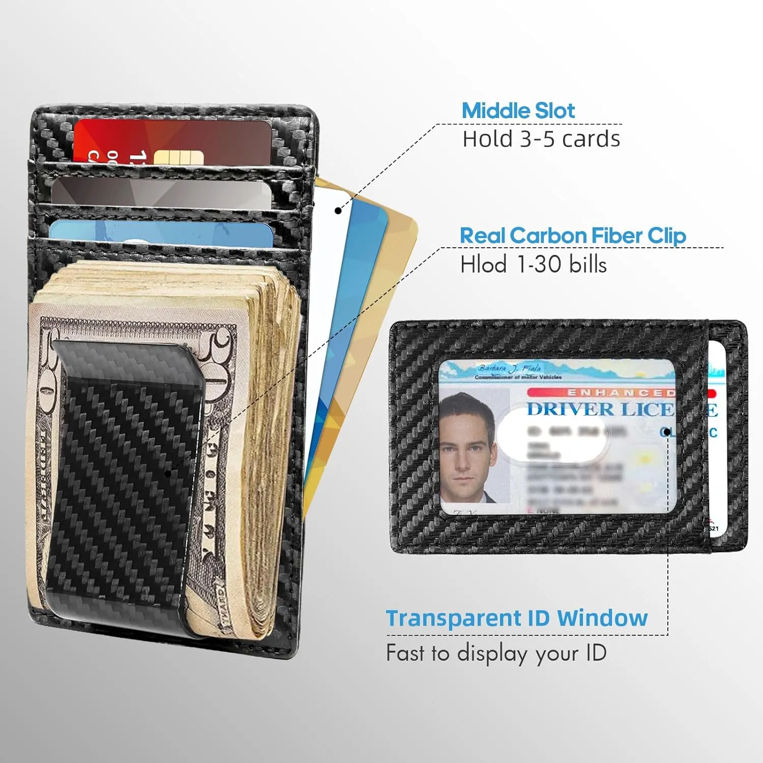 Travelambo Money Clip for Men Carbon Fiber Clip Wallet Leather Slim Minimalist Card Holder RFID Blocking (Weaved Black)