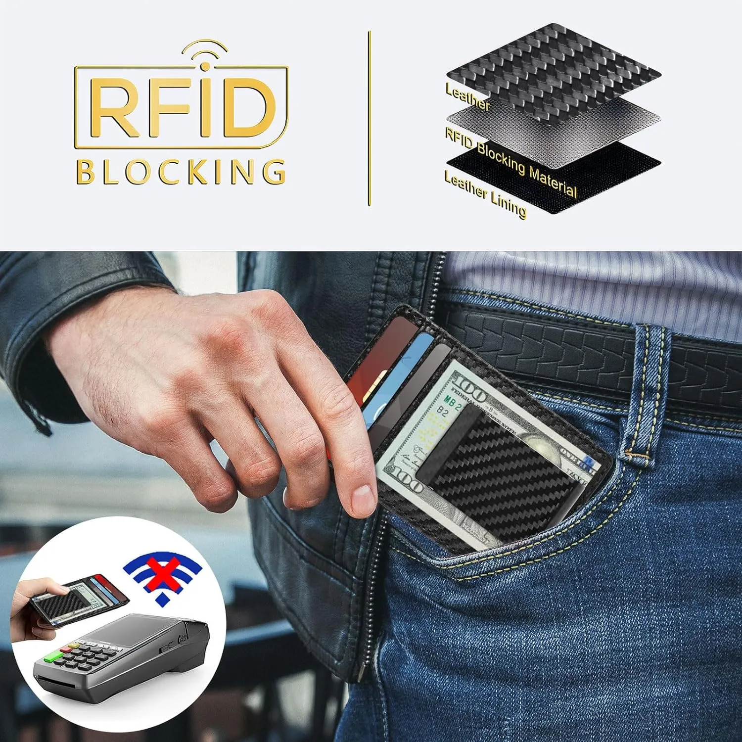 Travelambo Money Clip for Men Carbon Fiber Clip Wallet Leather Slim Minimalist Card Holder RFID Blocking (Weaved Black)