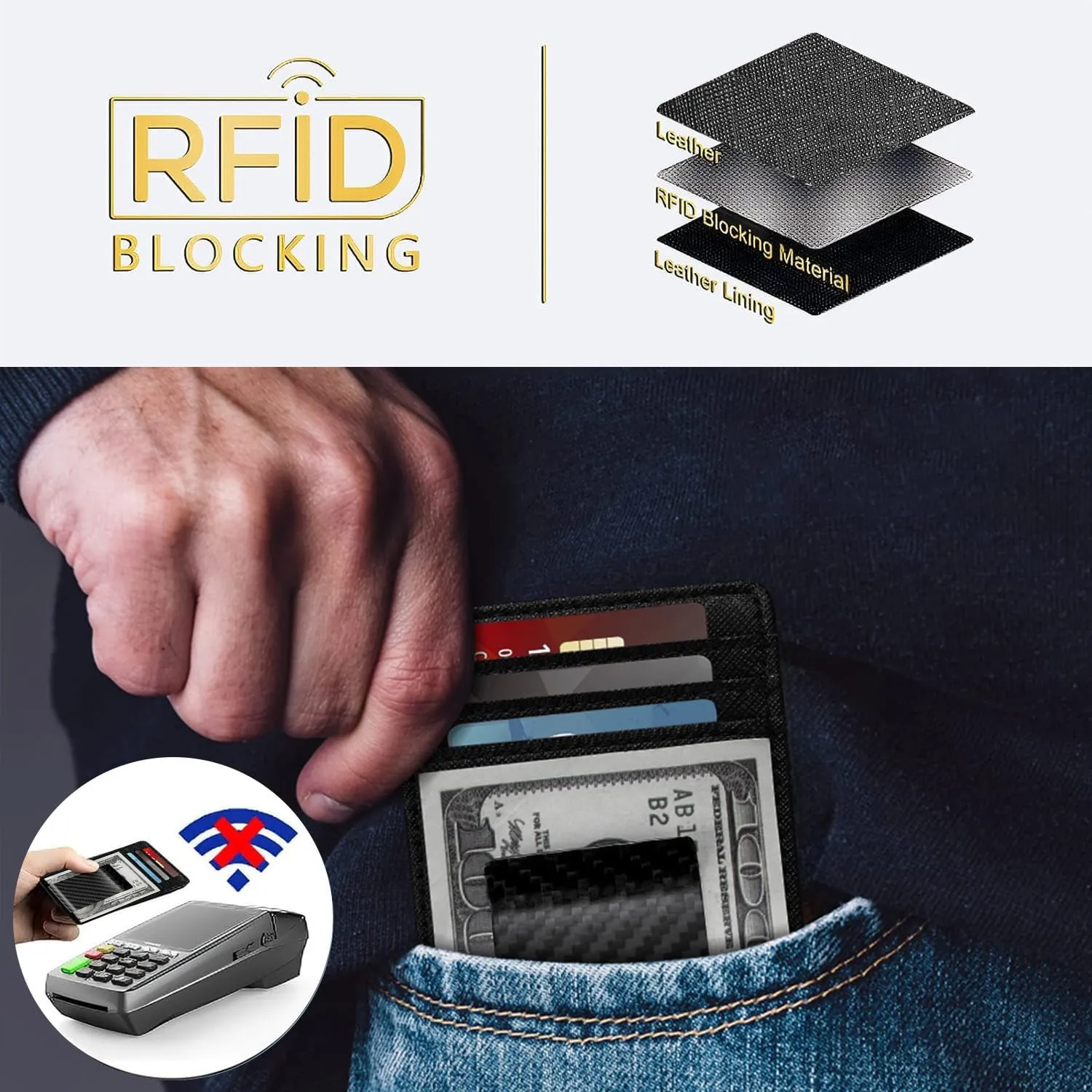 Travelambo Money Clip for Men Wallet Leather Slim Minimalist Card Holder RFID Blocking (Weaved Black) (Black Cros with Matte Clip)