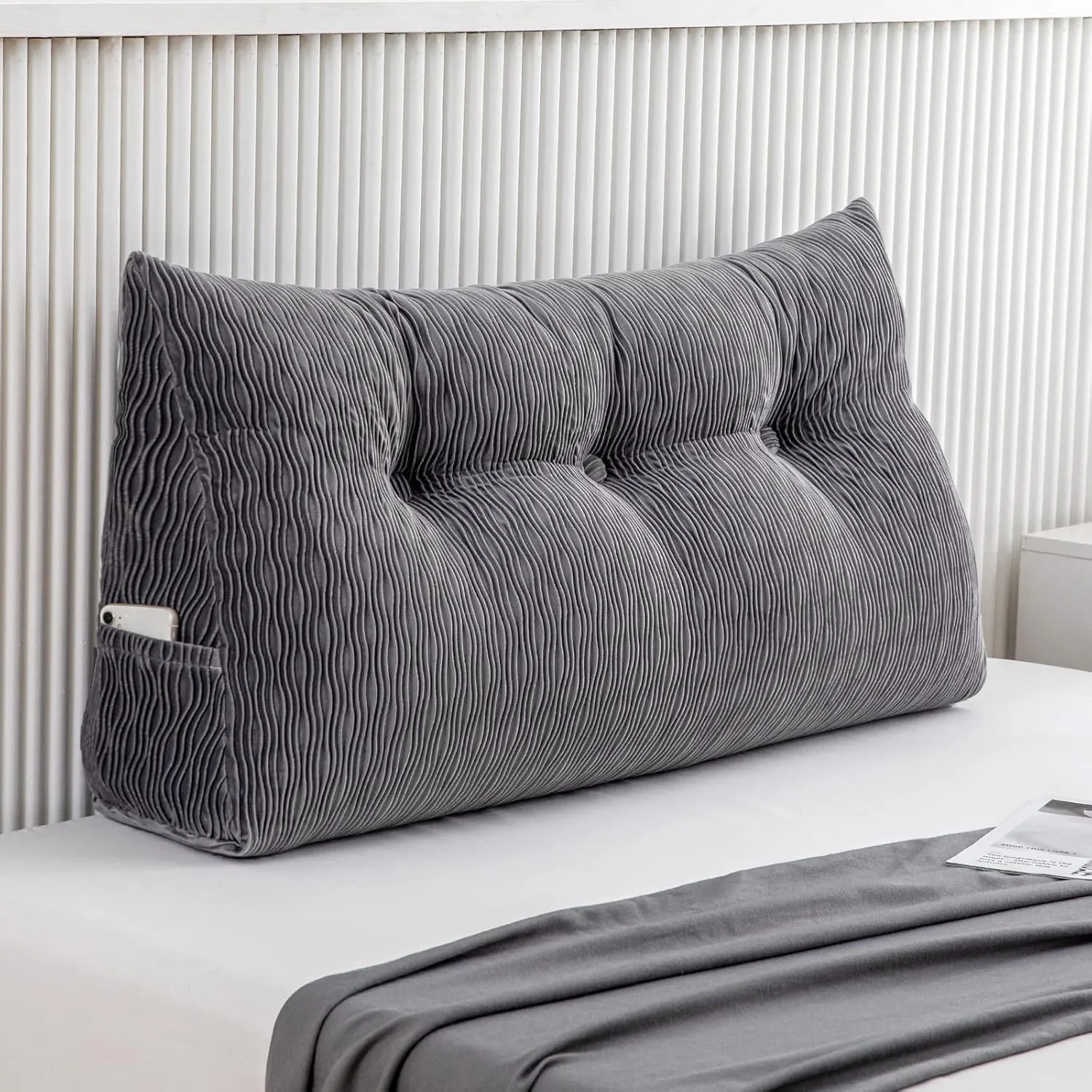 TriangularWedge Bolster Pillow with Pocket for Headboard Cushion, Removable Cover Bed Rest Backrest Positioning Support Couch for Daybed Reading(Grey), Twin Size