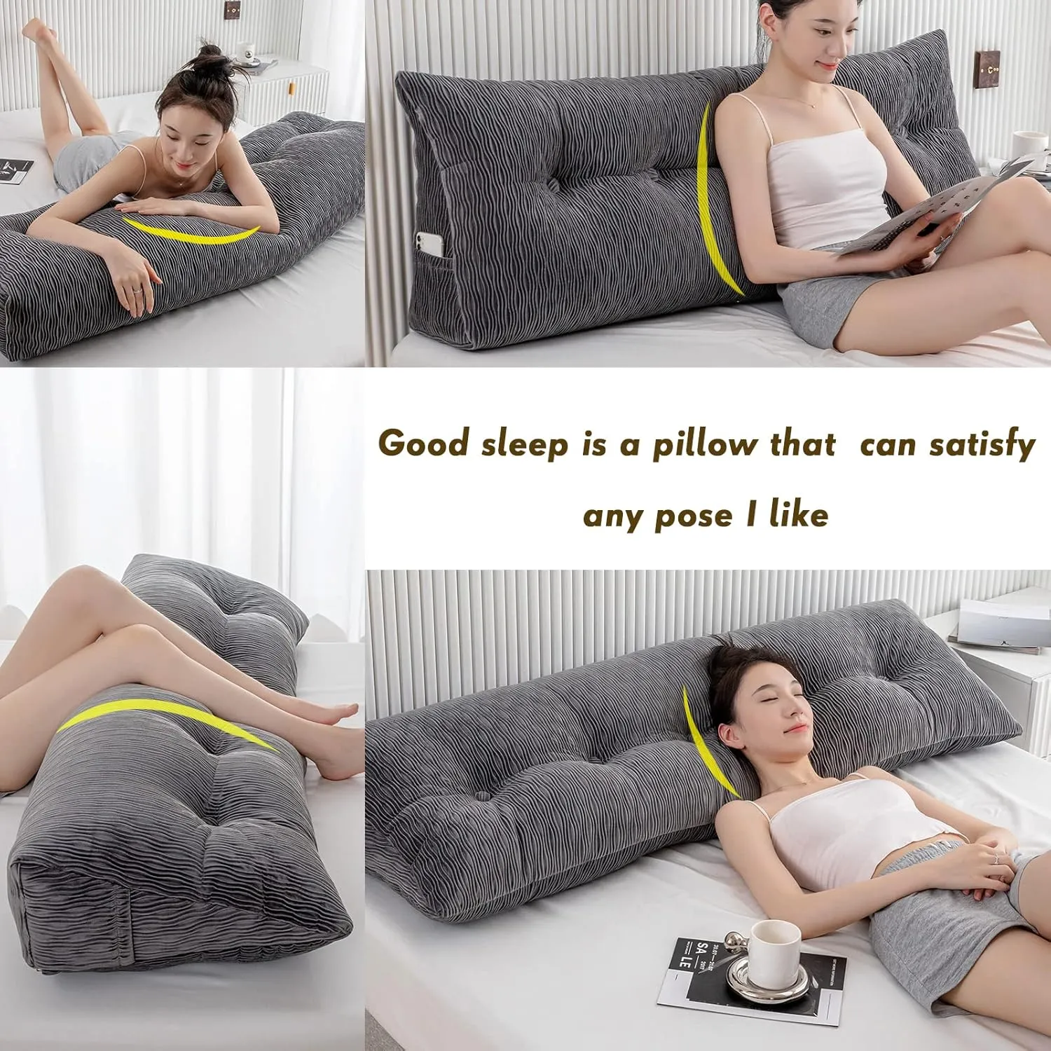 TriangularWedge Bolster Pillow with Pocket for Headboard Cushion, Removable Cover Bed Rest Backrest Positioning Support Couch for Daybed Reading(Grey), Twin Size