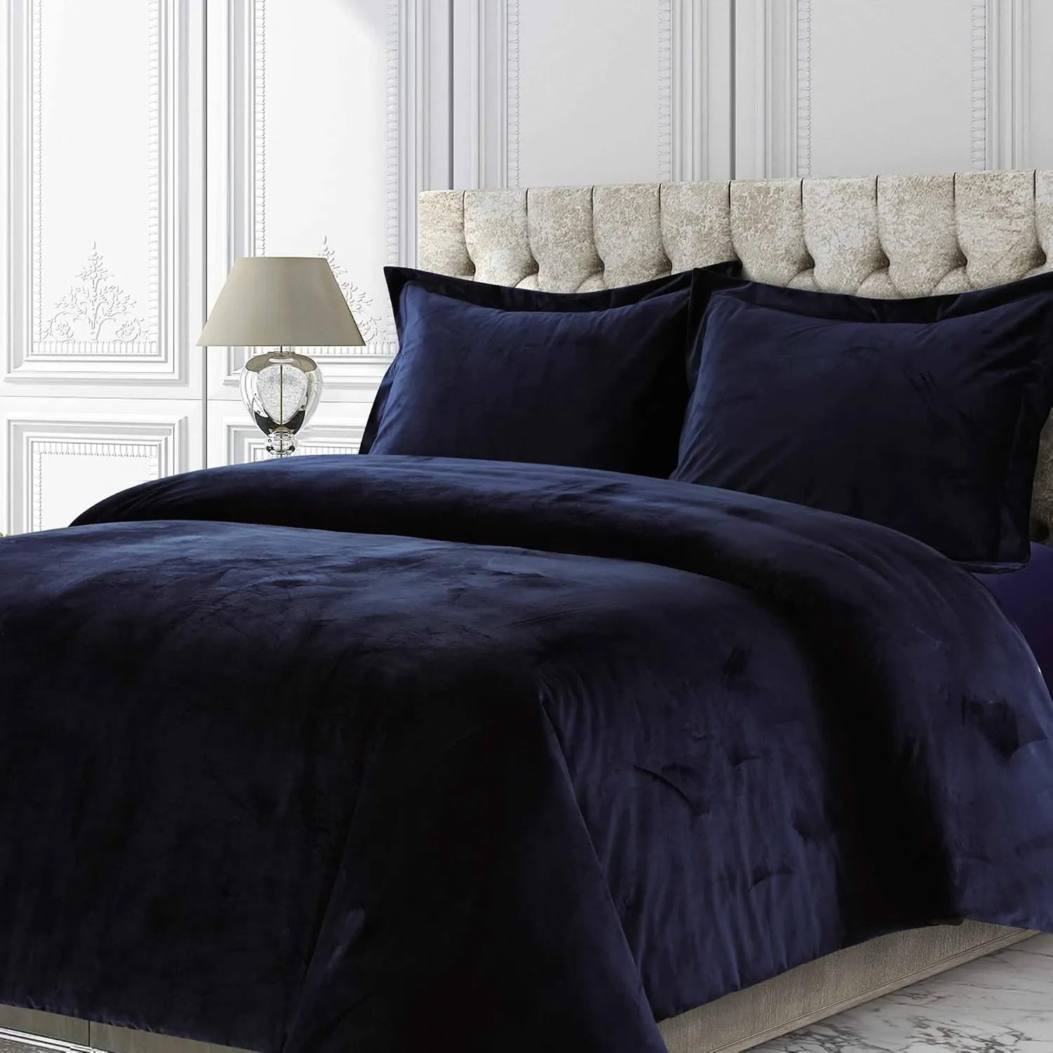 Tribeca Living Venice Velvet Oversized Solid Duvet Set, Queen, Indigo,Blue