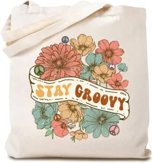 TSIIUO Retro Flower Stay Groovy Canvas Tote Bag for Woman Vintage Style 70s Hippie Reusable Shopping Bag Funny Gifts