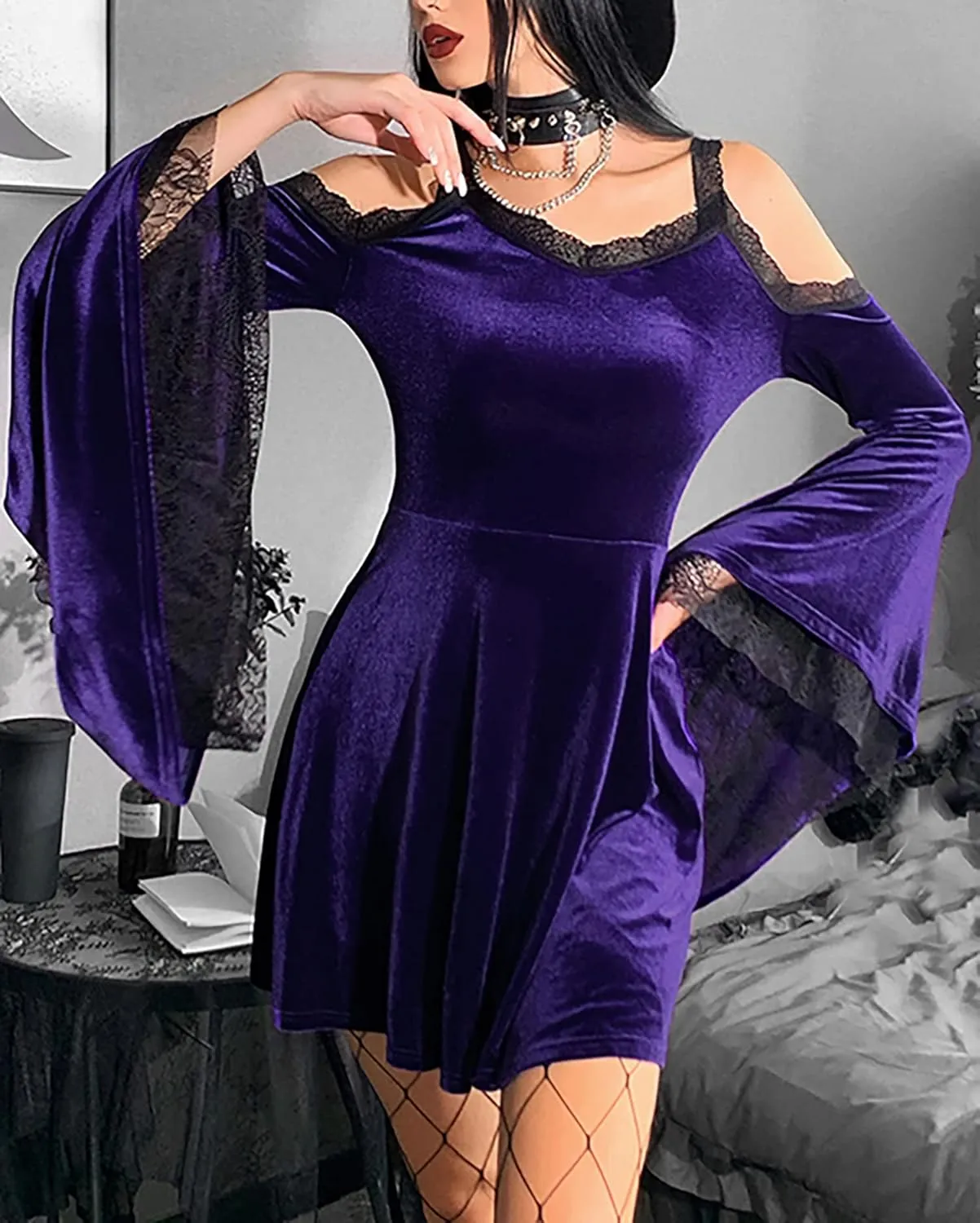 TSMNZMU Gothic Velvet Halter Dress Long Flare Sleeve High Waist Fairy Lolita Dresses Punk Grunge Vintage Vampire Clothes