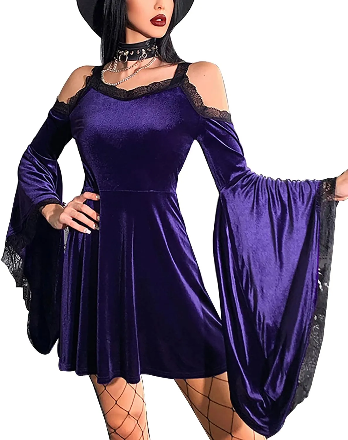 TSMNZMU Gothic Velvet Halter Dress Long Flare Sleeve High Waist Fairy Lolita Dresses Punk Grunge Vintage Vampire Clothes