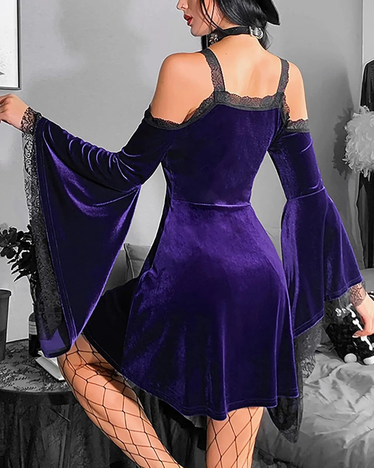 TSMNZMU Gothic Velvet Halter Dress Long Flare Sleeve High Waist Fairy Lolita Dresses Punk Grunge Vintage Vampire Clothes