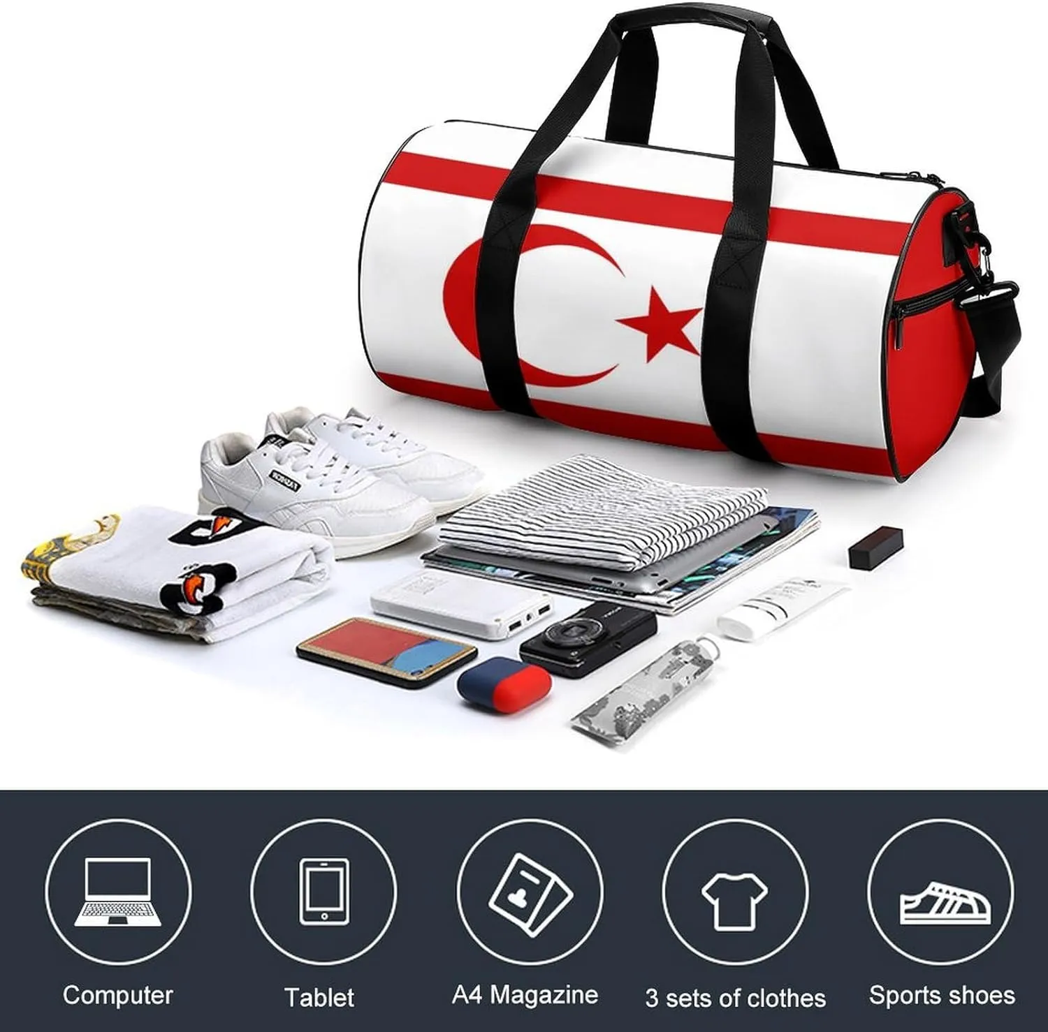Turkish Republic Northern Cyprus Flag Travel Duffel Bag with Wet Pocket for Men Women Gym Weekender Tote