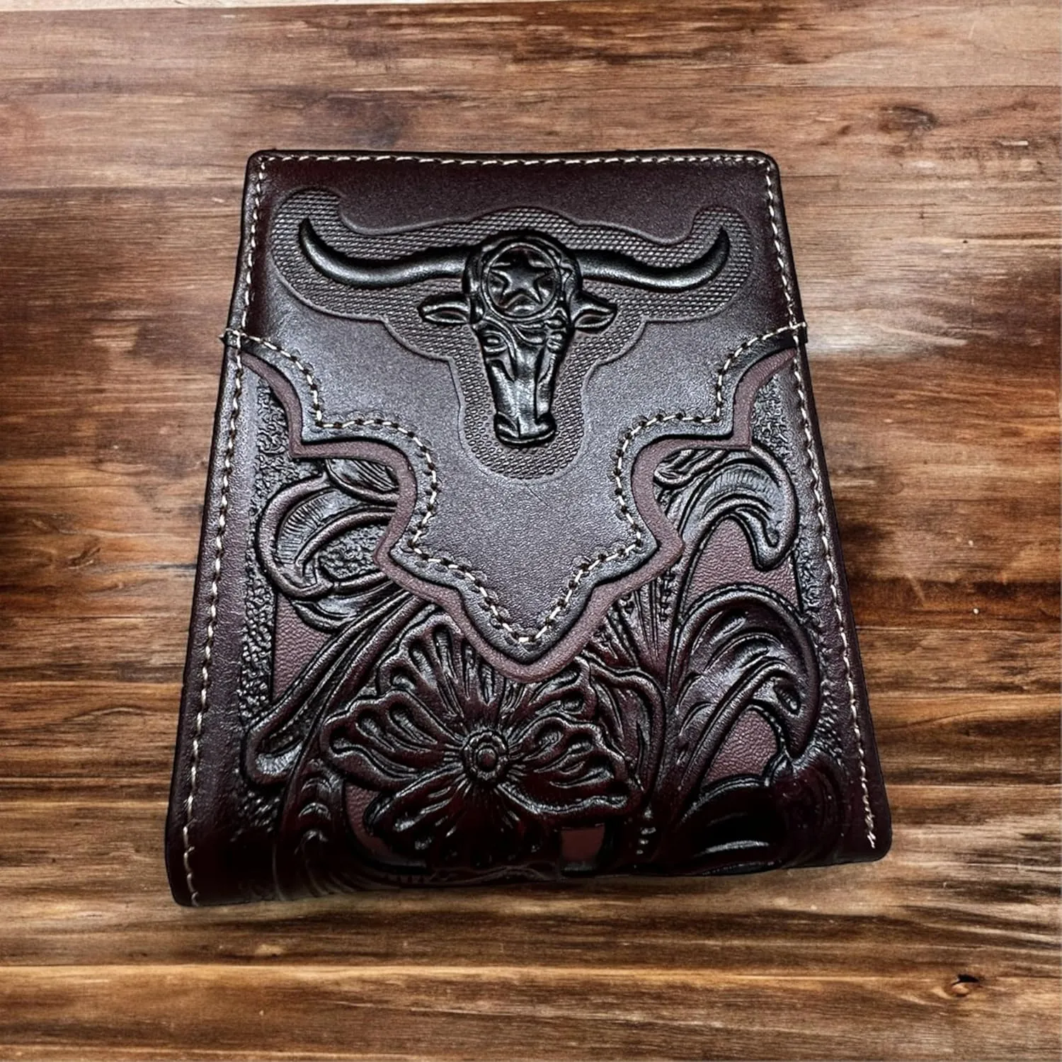 Urbalabs Mens Wallet Floral Longhorn Embossed Cowboy Western Leather Wallet High End Cut Out Layered Leather Style Mens Wallets Leather Bull Rider Rodeo Gifts For Men (Coffee & Coffee)