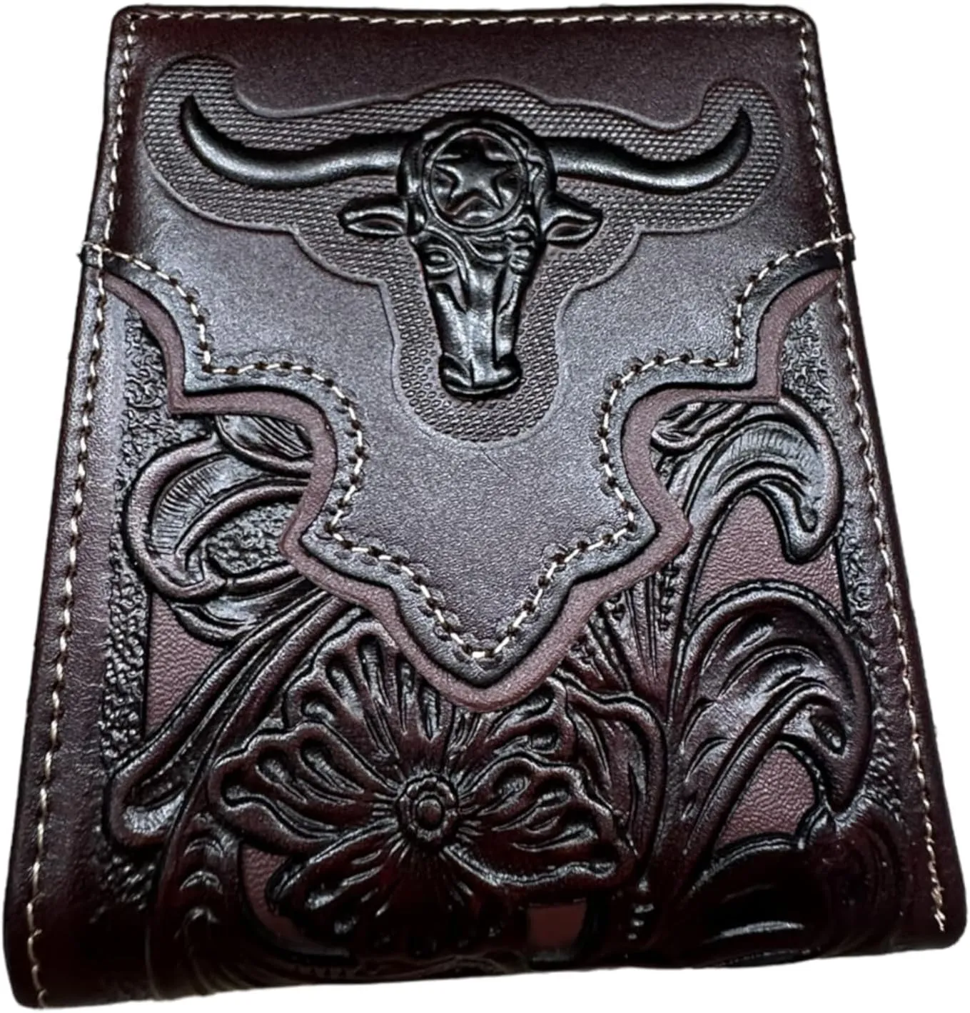 Urbalabs Mens Wallet Floral Longhorn Embossed Cowboy Western Leather Wallet High End Cut Out Layered Leather Style Mens Wallets Leather Bull Rider Rodeo Gifts For Men (Coffee & Coffee)
