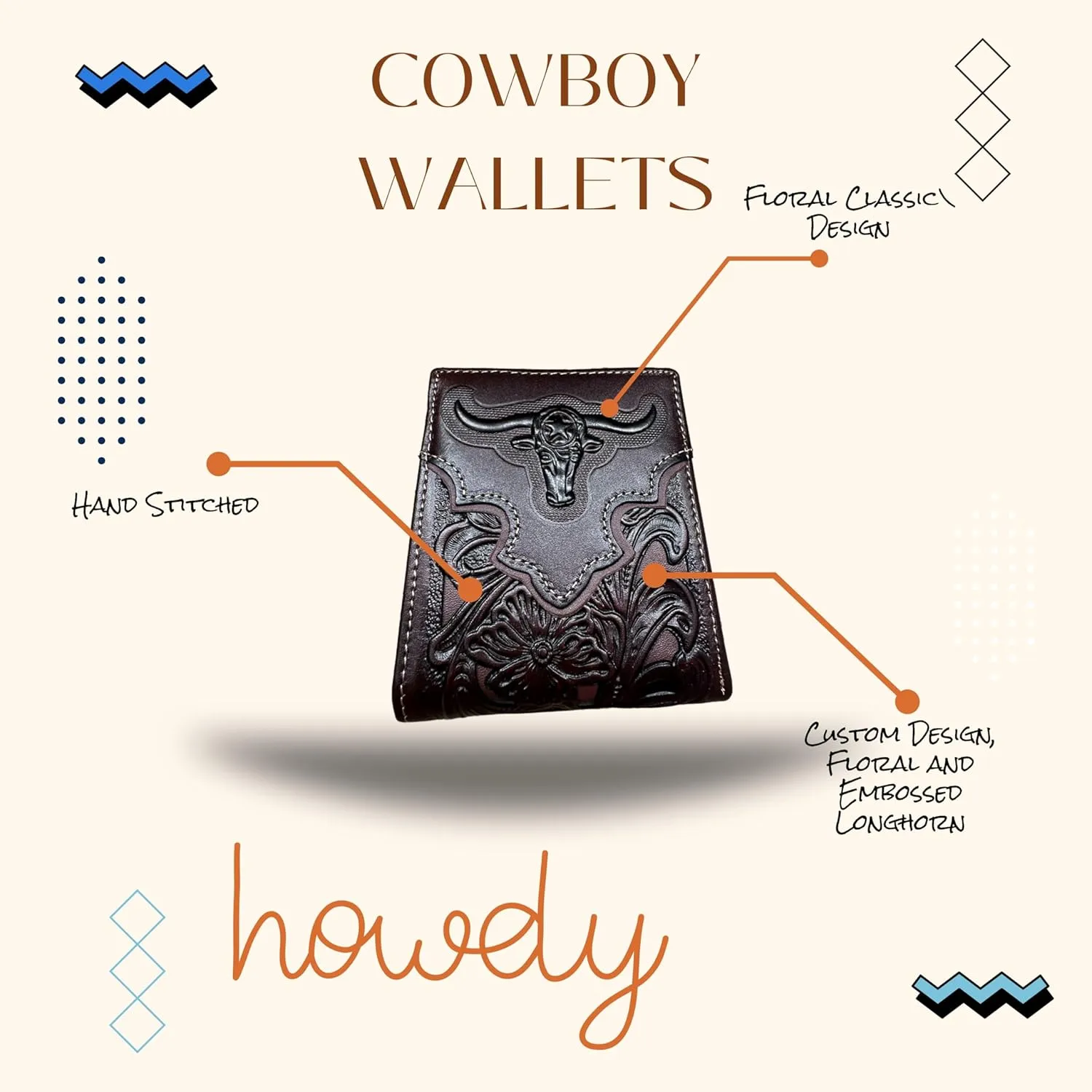 Urbalabs Mens Wallet Floral Longhorn Embossed Cowboy Western Leather Wallet High End Cut Out Layered Leather Style Mens Wallets Leather Bull Rider Rodeo Gifts For Men (Coffee & Coffee)