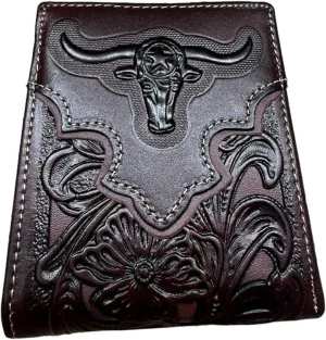 Urbalabs Mens Wallet Floral Longhorn Embossed Cowboy Western Leather Wallet High End Cut Out Layered Leather Style Mens Wallets Leather Bull Rider Rodeo Gifts For Men (Coffee & Coffee)