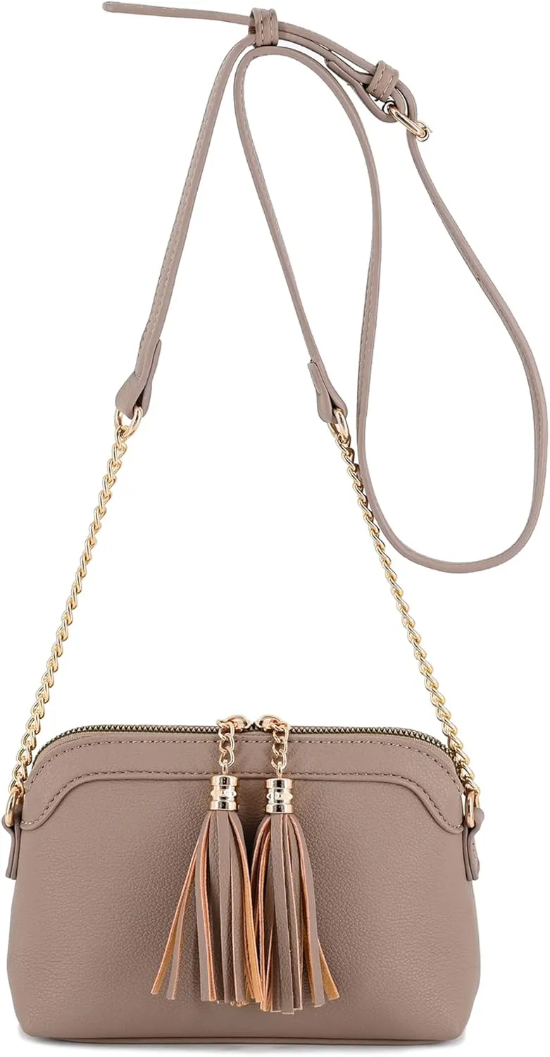 V BENIE Tassel Small Crossbody Bag with Chain Strap Small Purse Handbags for Women, Taupe