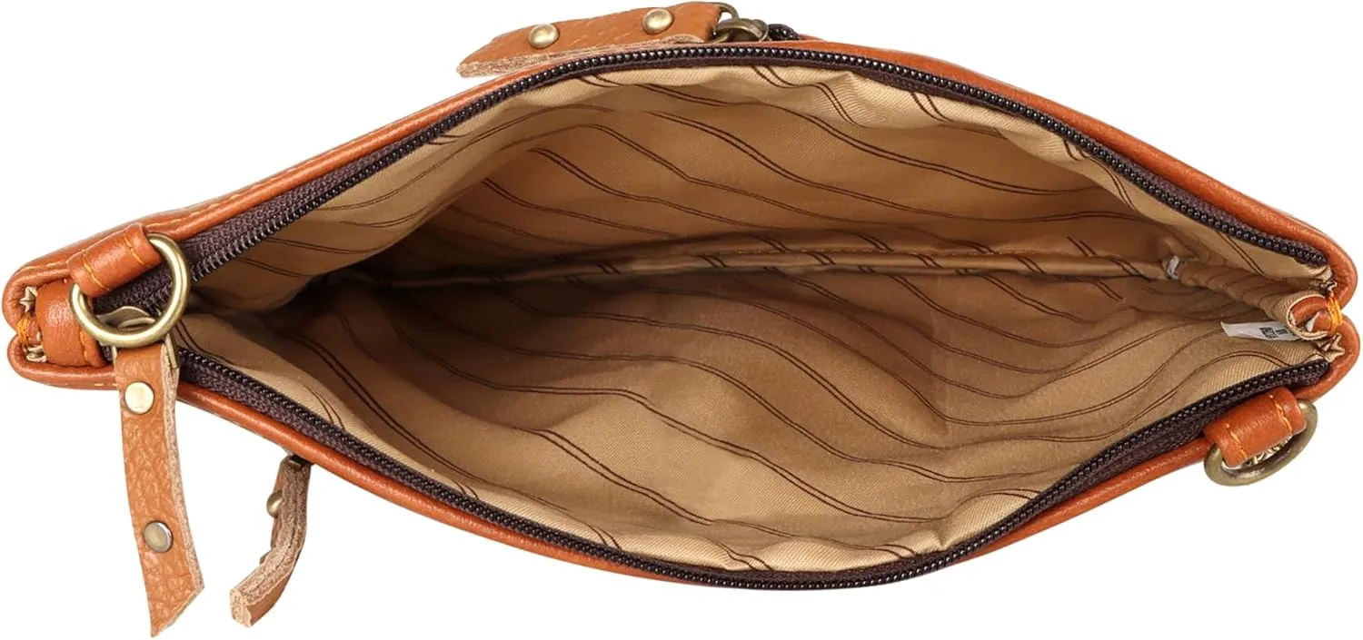 Vaan & Co. Grayson Wide Crossbody Bag – Upcycled Genuine Leather Purse with Top Flap & Tassel