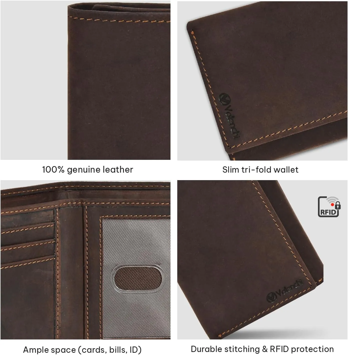 VALENCHI Leather Trifold Wallet For Men - RFID Blocking - 6 Card Slots, 2 Note Compartments & 1 ID Window - Minimalist Design, Slim Wallet - Premium, Fashionable Accessory Gifts for Men, Him