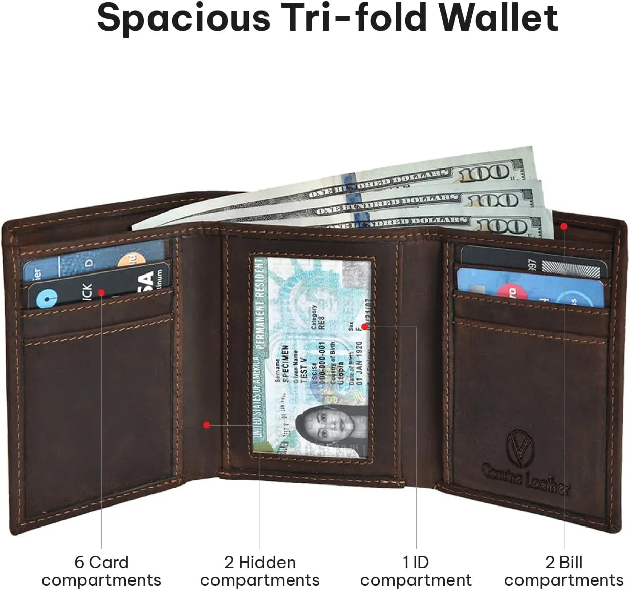 VALENCHI Leather Trifold Wallet For Men - RFID Blocking - 6 Card Slots, 2 Note Compartments & 1 ID Window - Minimalist Design, Slim Wallet - Premium, Fashionable Accessory Gifts for Men, Him