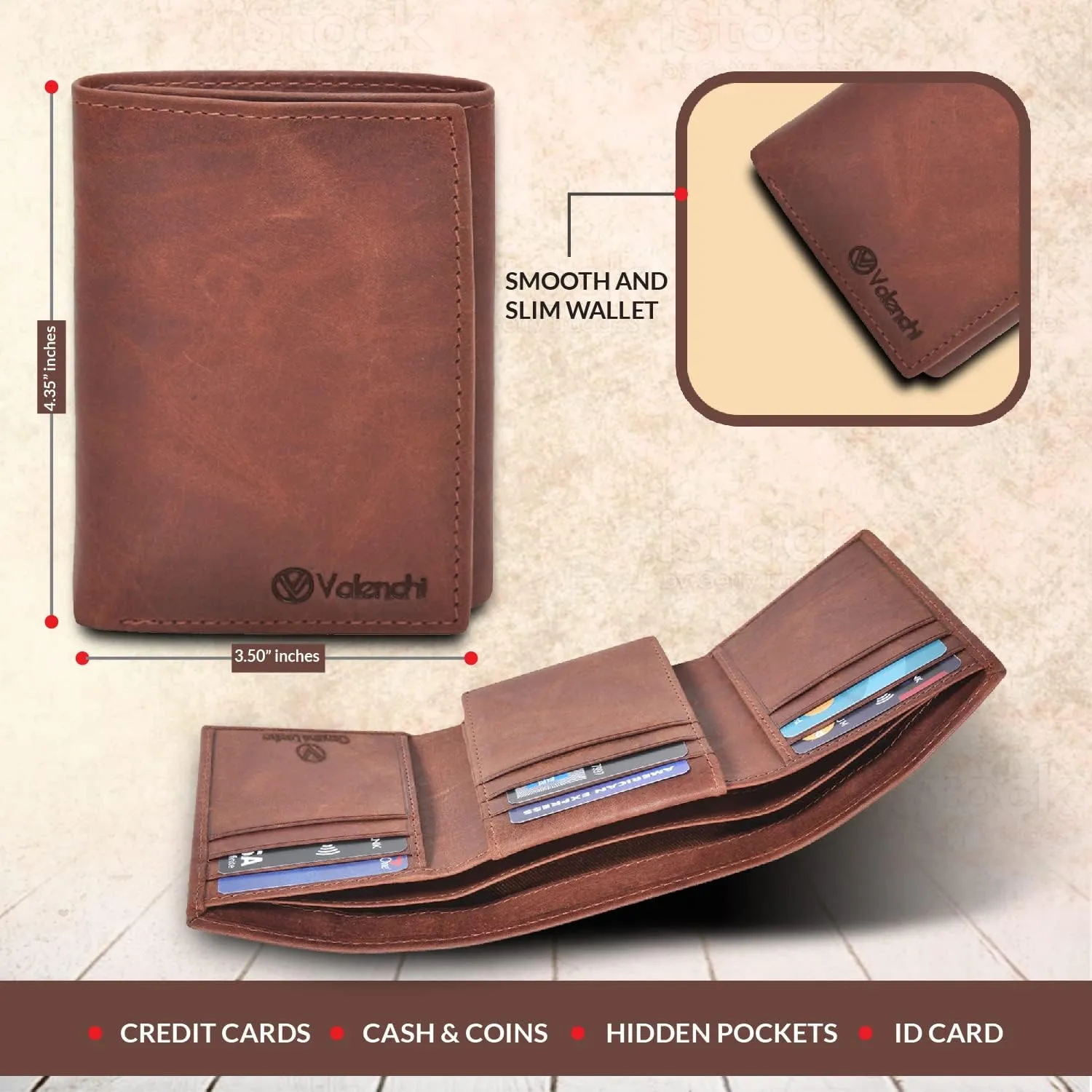 VALENCHI Leather Trifold Wallet For Men - RFID Blocking - 9 Card Slots, 2 Note Compartments & 1 ID Window - Minimalist Design, Slim Wallet - Premium, Fashionable Accessory Gifts for Men, Him