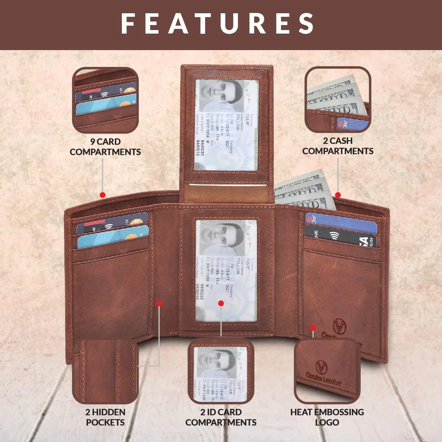 VALENCHI Leather Trifold Wallet For Men - RFID Blocking - 9 Card Slots, 2 Note Compartments & 1 ID Window - Minimalist Design, Slim Wallet - Premium, Fashionable Accessory Gifts for Men, Him