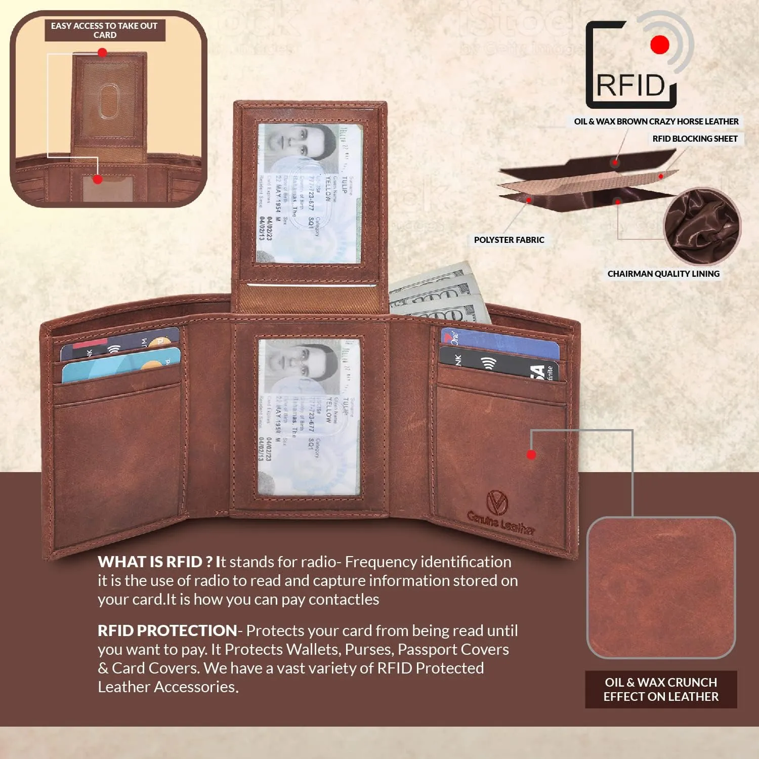 VALENCHI Leather Trifold Wallet For Men - RFID Blocking - 9 Card Slots, 2 Note Compartments & 1 ID Window - Minimalist Design, Slim Wallet - Premium, Fashionable Accessory Gifts for Men, Him