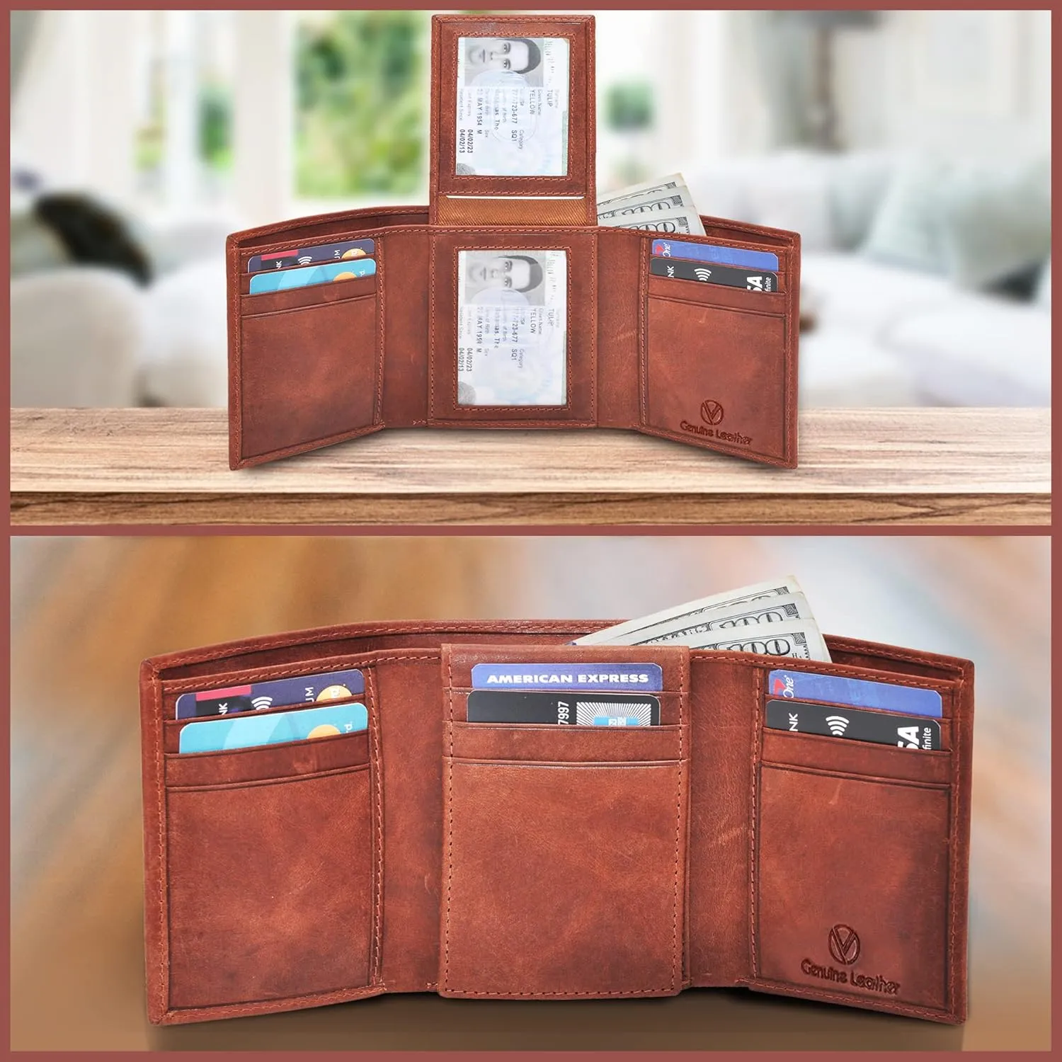 VALENCHI Leather Trifold Wallet For Men - RFID Blocking - 9 Card Slots, 2 Note Compartments & 1 ID Window - Minimalist Design, Slim Wallet - Premium, Fashionable Accessory Gifts for Men, Him