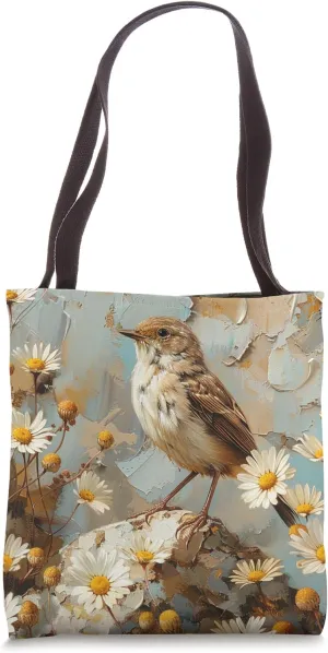 Van Gogh Style Cute Daisy Flower Canyon Wren Bird Tote Bag