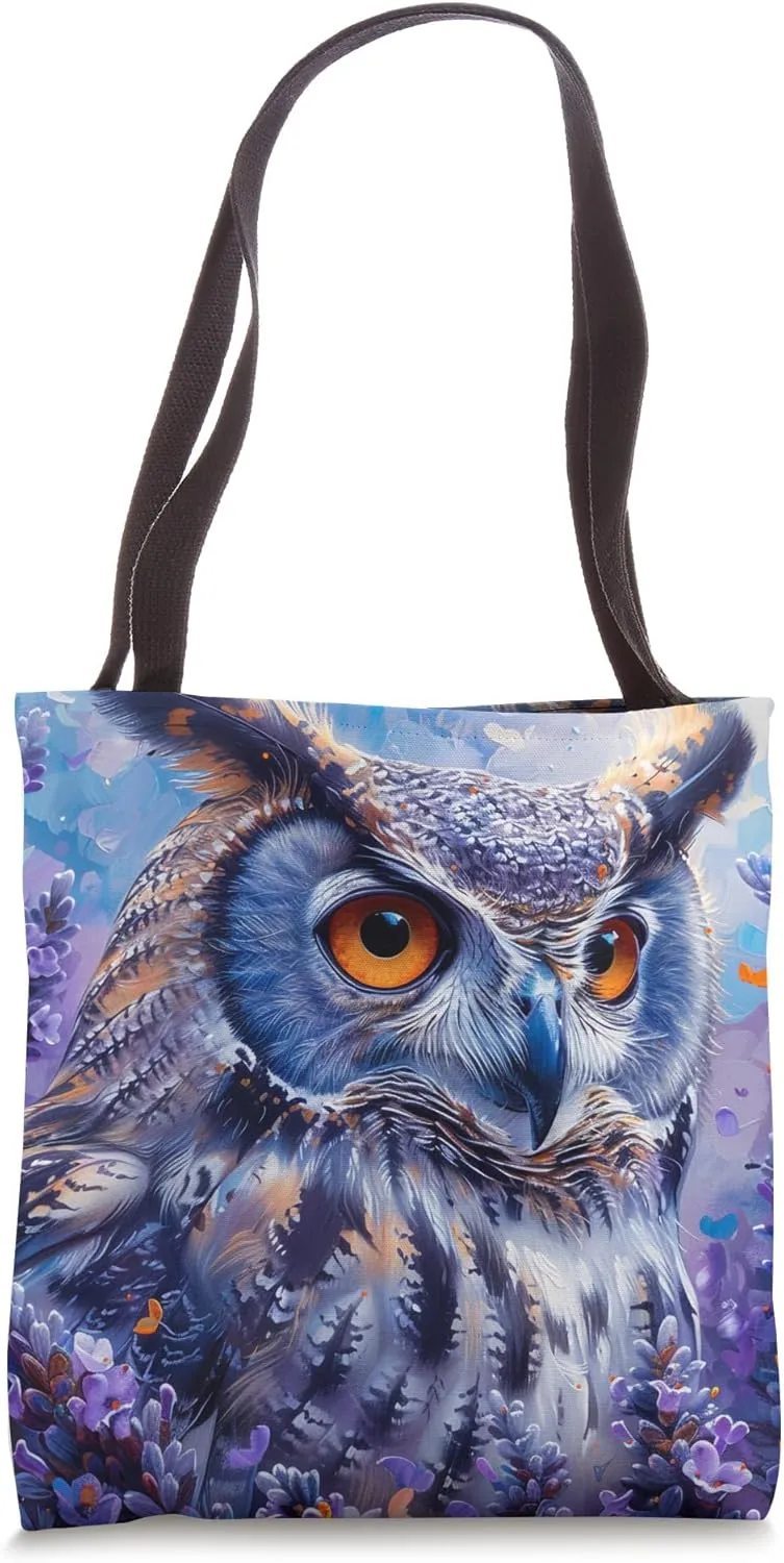 Van Gogh Style Lavender Flower Floral Eurasian Eagle Owl Tote Bag