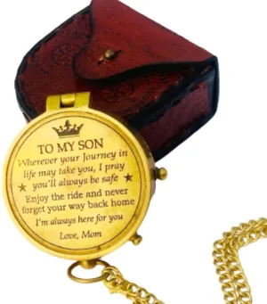 VARTH Antique Brass Nautical Pocket Compass With Leather Carry Case, Compass With Chain Pirates Engravable Camping Compass Gift (To My Sun)