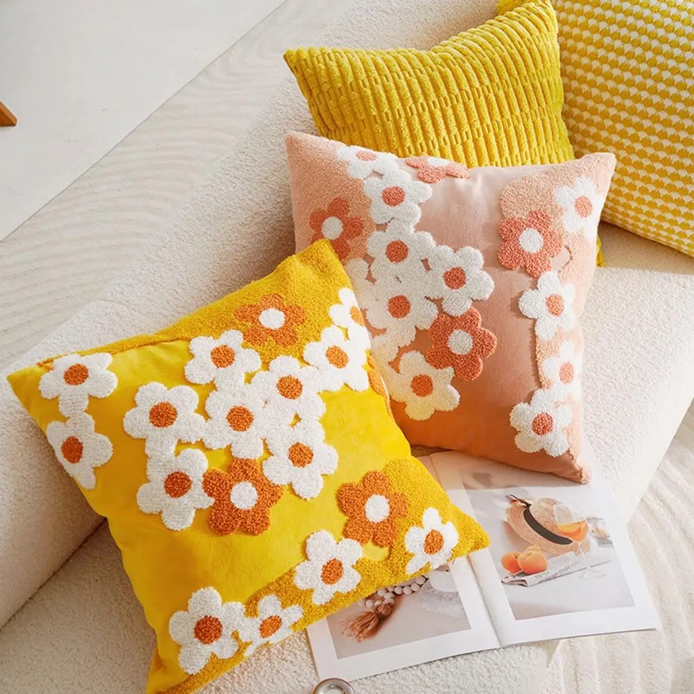 vctops Spring Floral Tufted Decorative Throw Pillow Covers Cute Flower Square Pillow Cases Soft Velvet Couch Cushion Cover for Chair Sofa Bedroom Living Room Home Decor (Pink,18"x18")