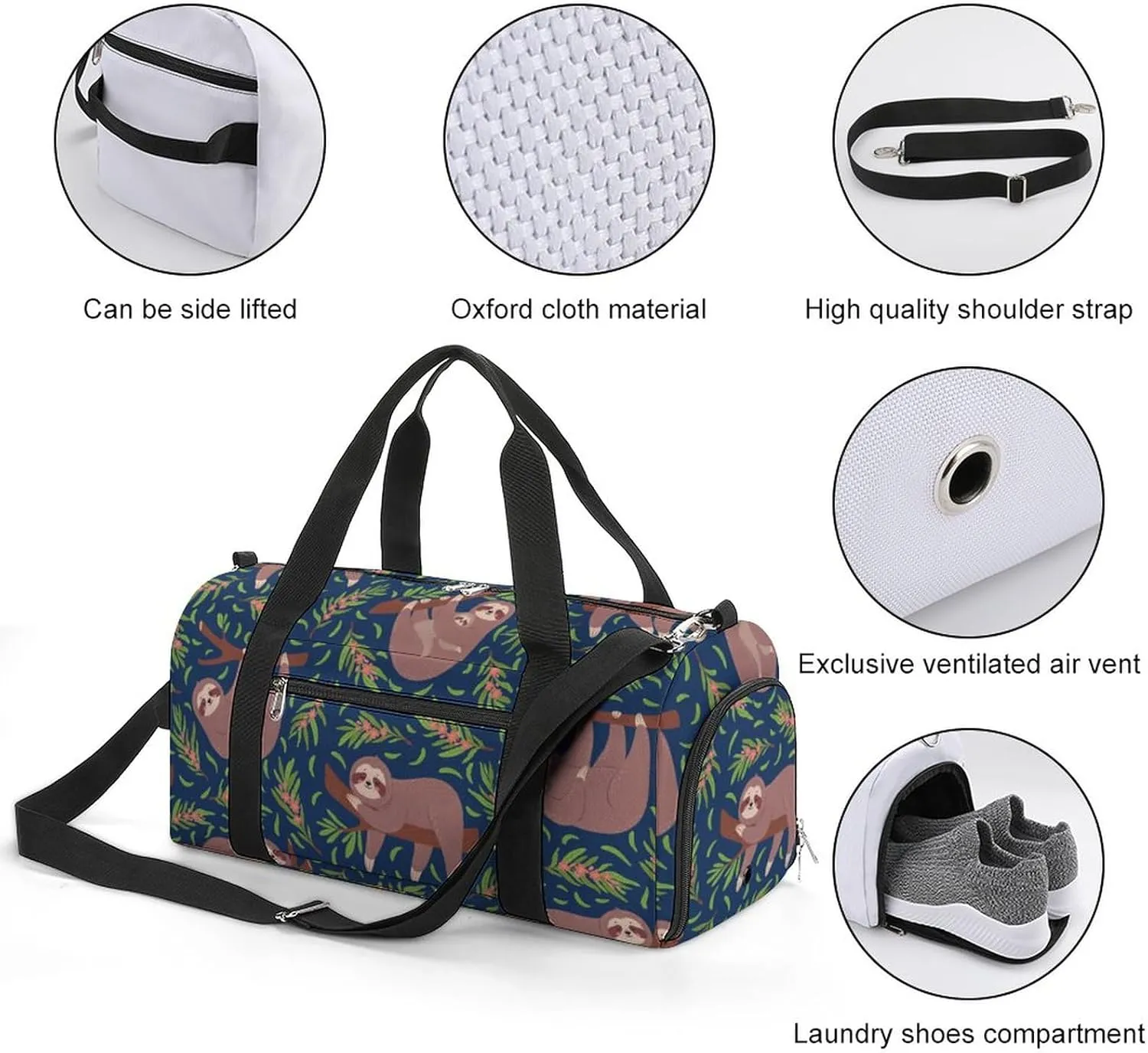 Vector Cute Sloths on Branch Seamless Pattern for Nursery Wallpaper Textile Print Vector Texture Sports Tote Gym Bag for Women Men, Overnight Bag with Shoe Compartment Water Resistant