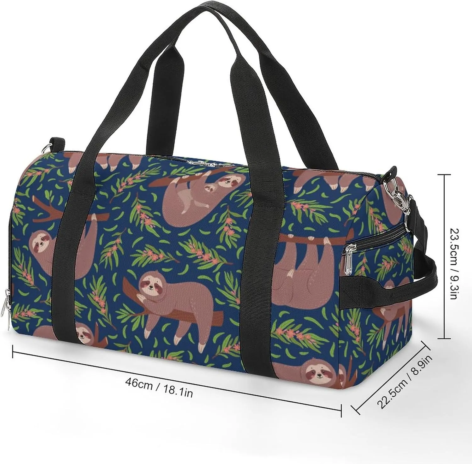 Vector Cute Sloths on Branch Seamless Pattern for Nursery Wallpaper Textile Print Vector Texture Sports Tote Gym Bag for Women Men, Overnight Bag with Shoe Compartment Water Resistant