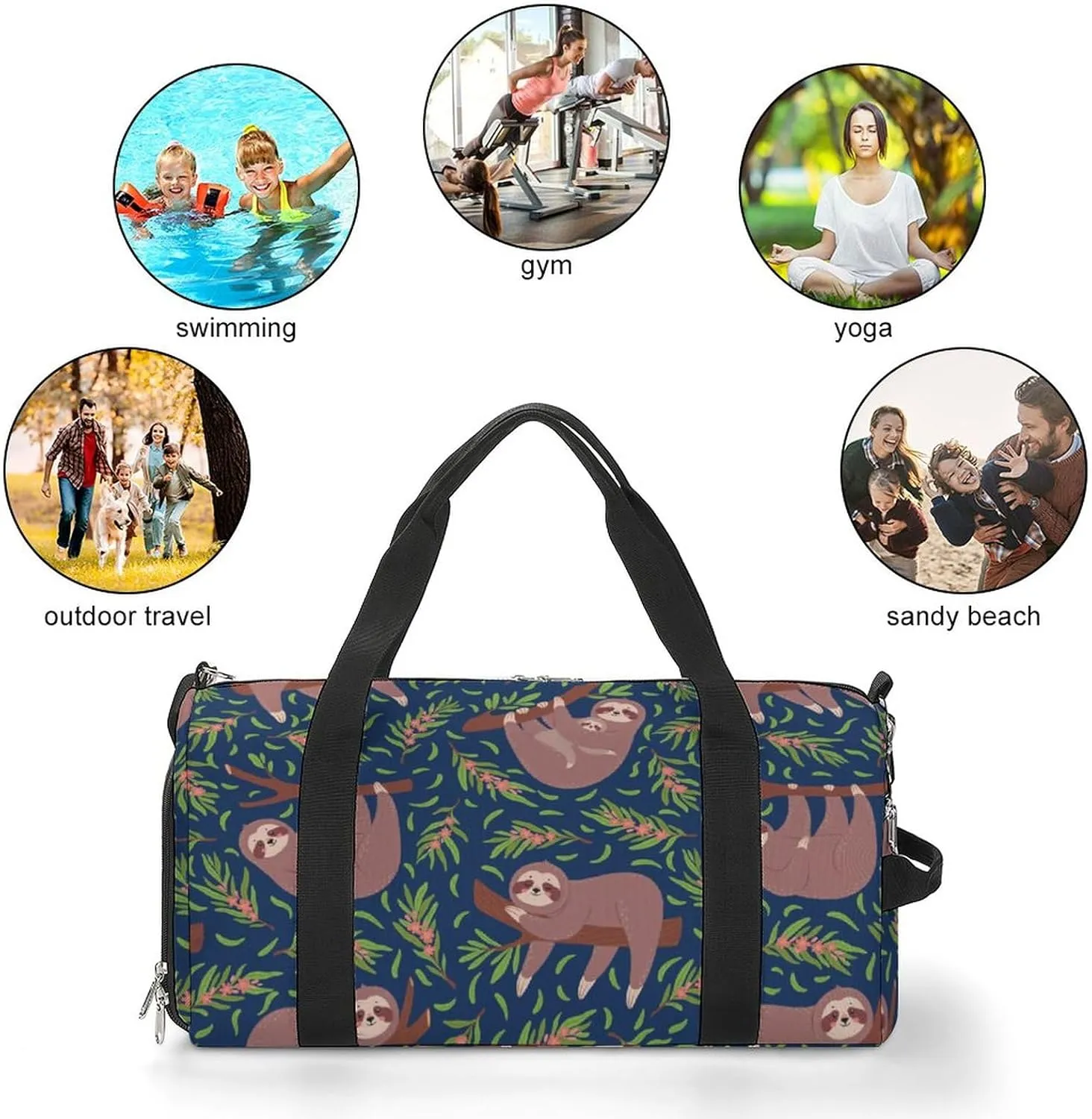 Vector Cute Sloths on Branch Seamless Pattern for Nursery Wallpaper Textile Print Vector Texture Sports Tote Gym Bag for Women Men, Overnight Bag with Shoe Compartment Water Resistant
