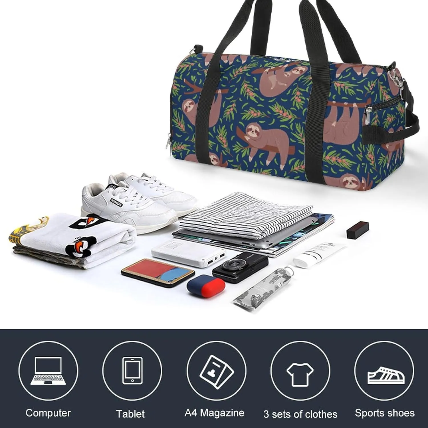 Vector Cute Sloths on Branch Seamless Pattern for Nursery Wallpaper Textile Print Vector Texture Sports Tote Gym Bag for Women Men, Overnight Bag with Shoe Compartment Water Resistant