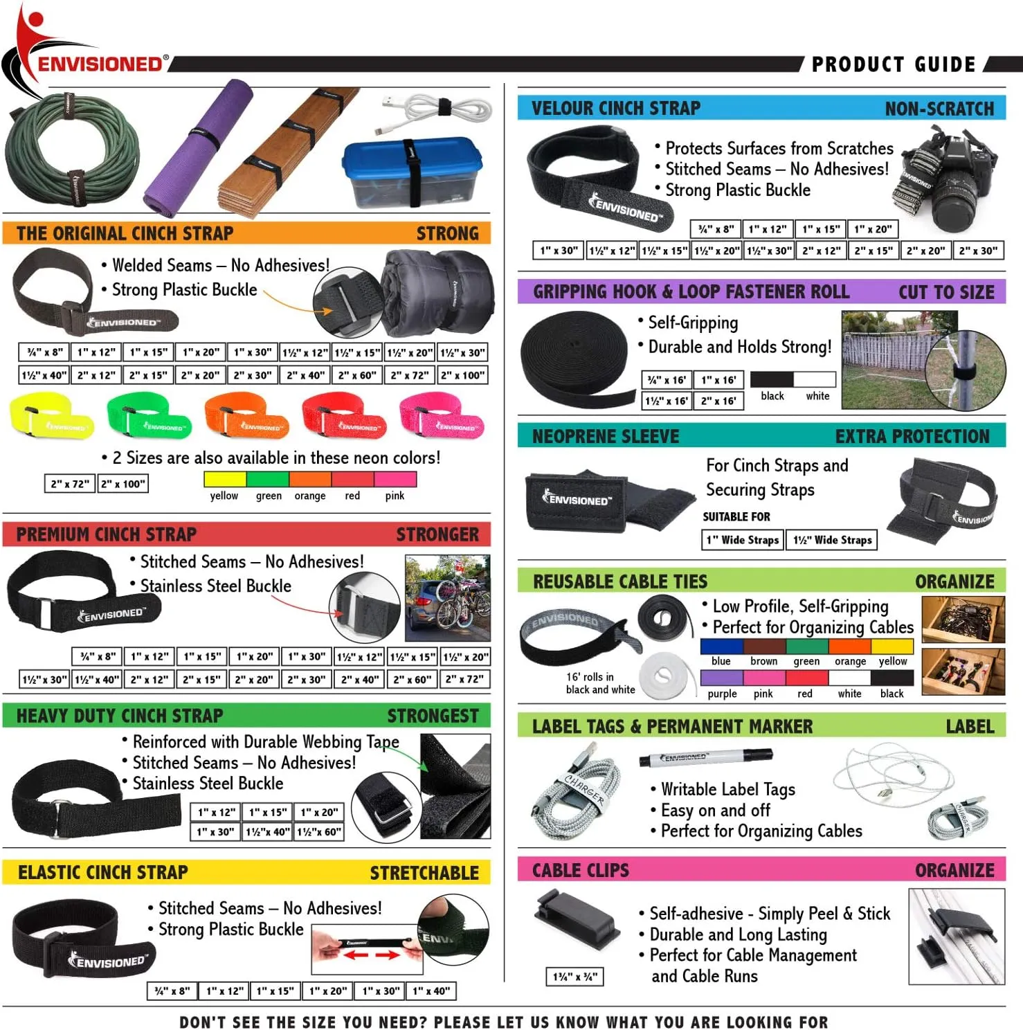 Velour Cinch Straps 2" x 30" - 6 Pack, Soft Touch Microfiber Reusable Hook and Loop