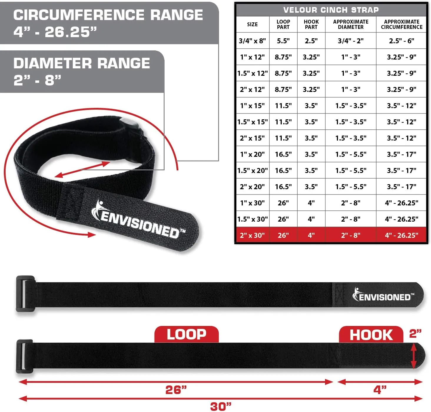 Velour Cinch Straps 2" x 30" - 6 Pack, Soft Touch Microfiber Reusable Hook and Loop
