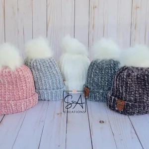 Velvet Baby Beanies with White Pom Pom