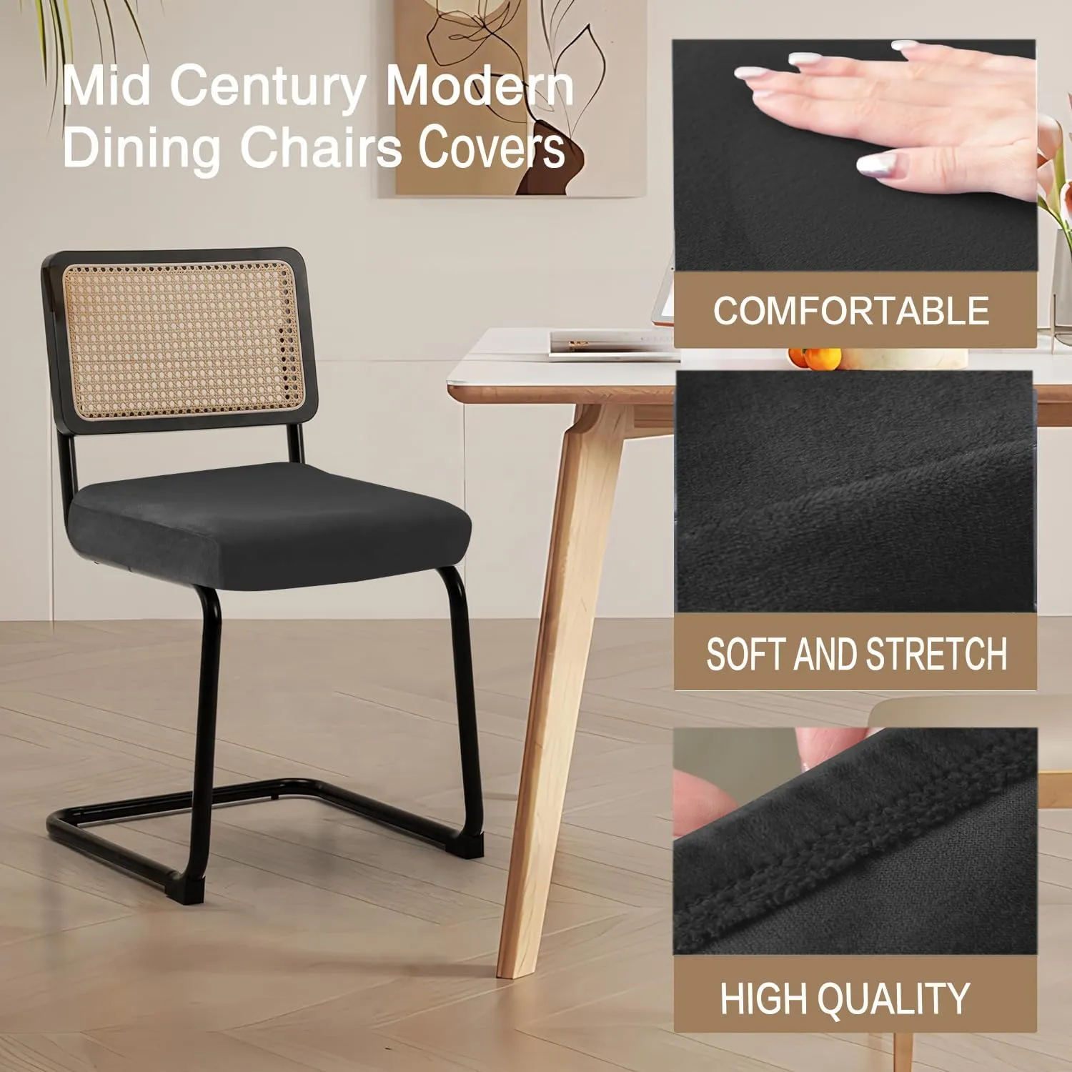 Velvet Chair Seat Covers for Mid Century Modern Dining Chairs, Armless Accent Chairs Seat Slipcovers Pack of 4 (Black)