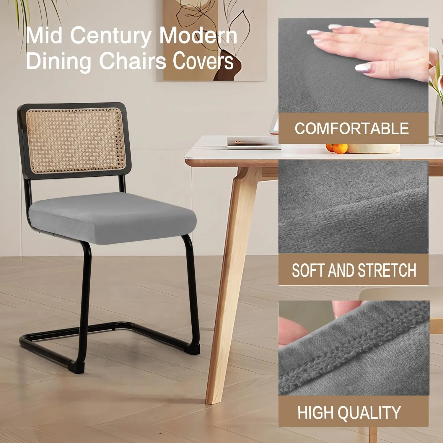 Velvet Chair Seat Covers for Mid Century Modern Dining Chairs, Armless Accent Chairs Seat Slipcovers Pack of 4 (Dark Grey)