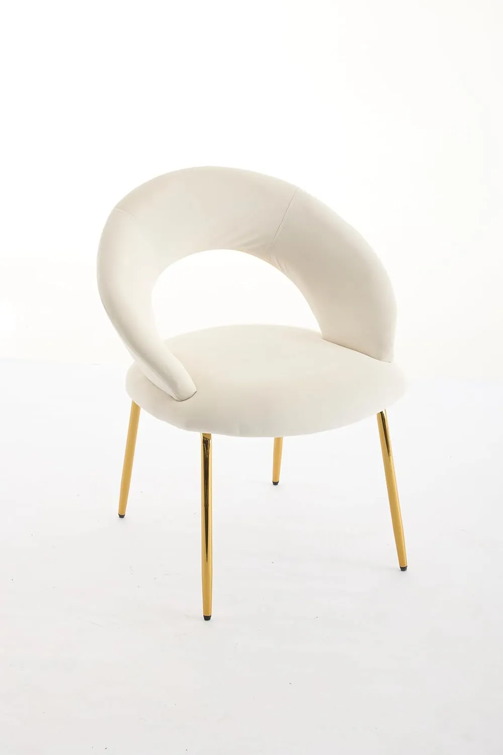 Velvet Fabric Dining Chair with Curved Backrest, Golden Metal Legs (White)