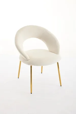 Velvet Fabric Dining Chair with Curved Backrest, Golden Metal Legs (White)