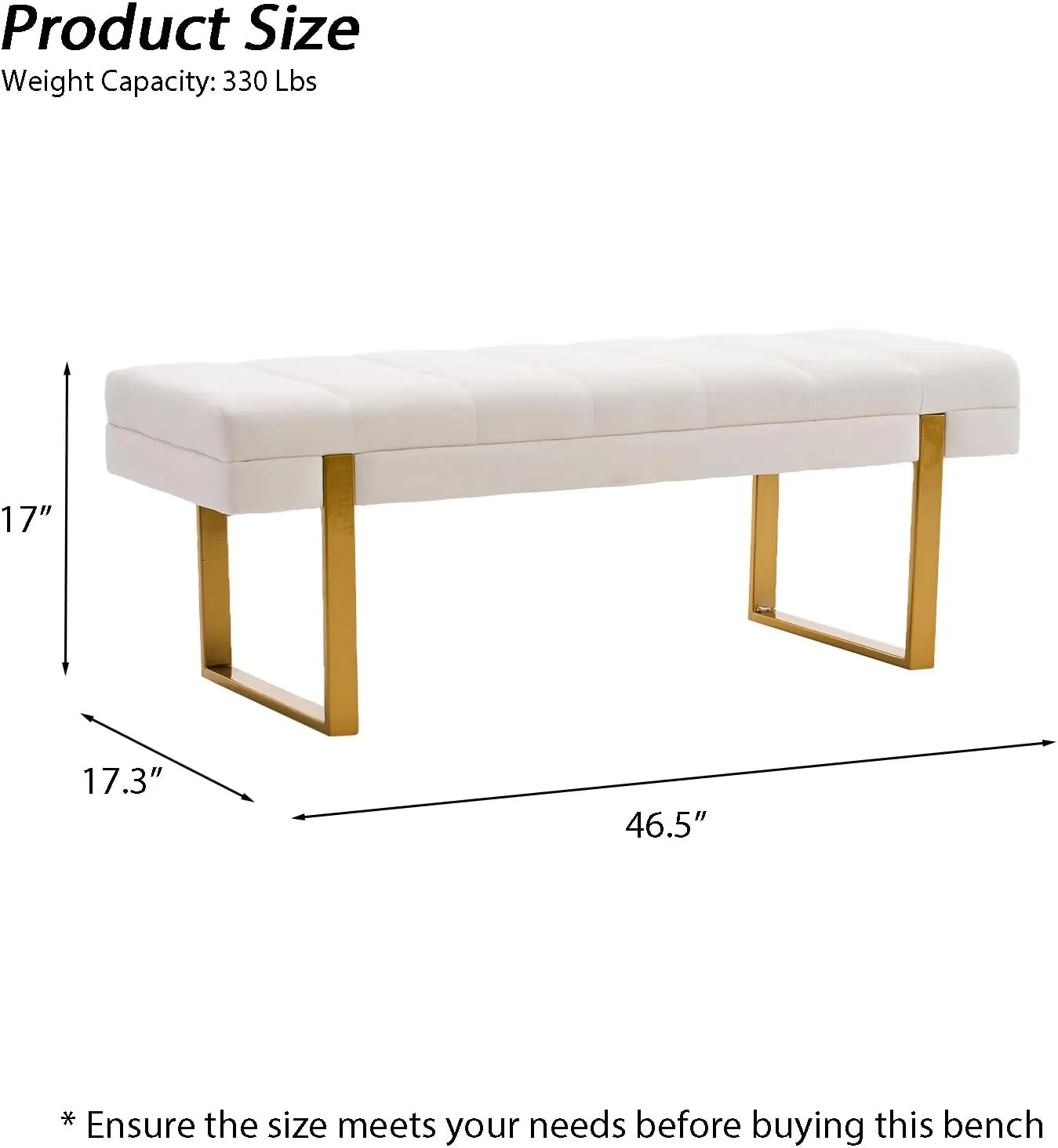 Velvet Ottoman Bedroom Bench, 46.5" Tufted Padded End of Bed Bench with Gold Legs, Upholstered Dining Table Bench Shoe Bench for Living Room Entryway Window (Ivory, 46" Wide)