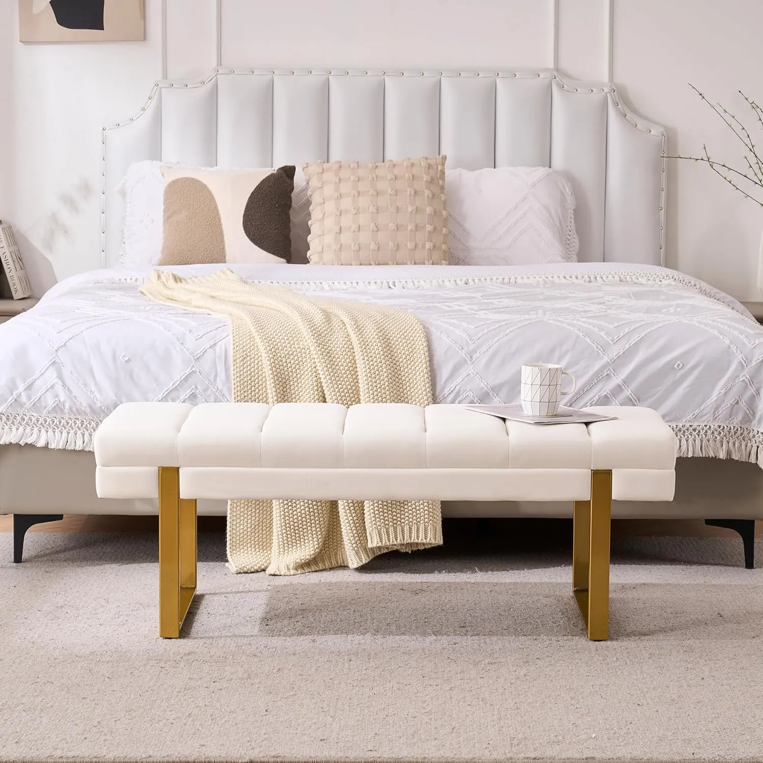 Velvet Ottoman Bedroom Bench, 46.5" Tufted Padded End of Bed Bench with Gold Legs, Upholstered Dining Table Bench Shoe Bench for Living Room Entryway Window (Ivory, 46" Wide)