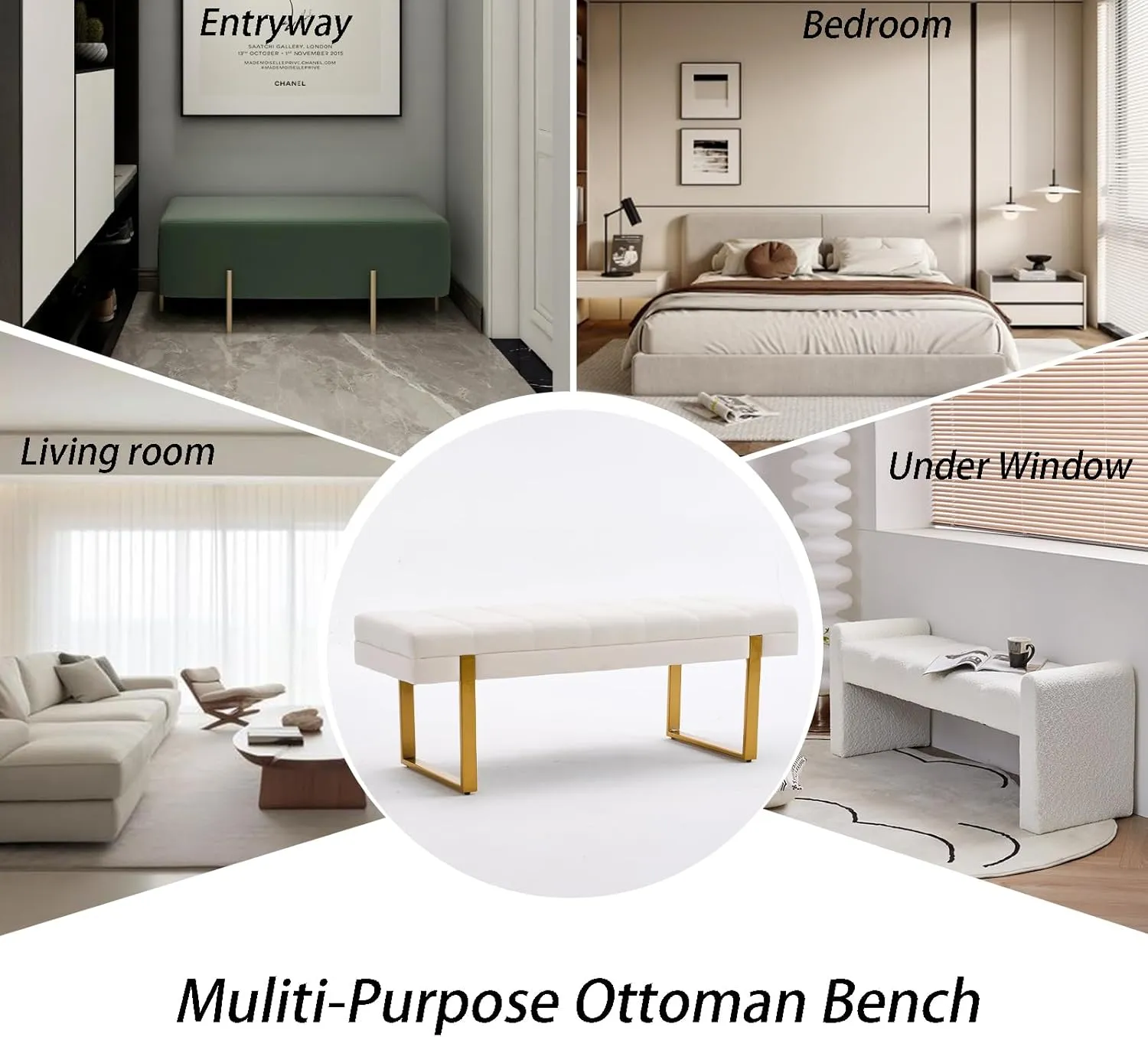 Velvet Ottoman Bedroom Bench, 46.5" Tufted Padded End of Bed Bench with Gold Legs, Upholstered Dining Table Bench Shoe Bench for Living Room Entryway Window (Ivory, 46" Wide)