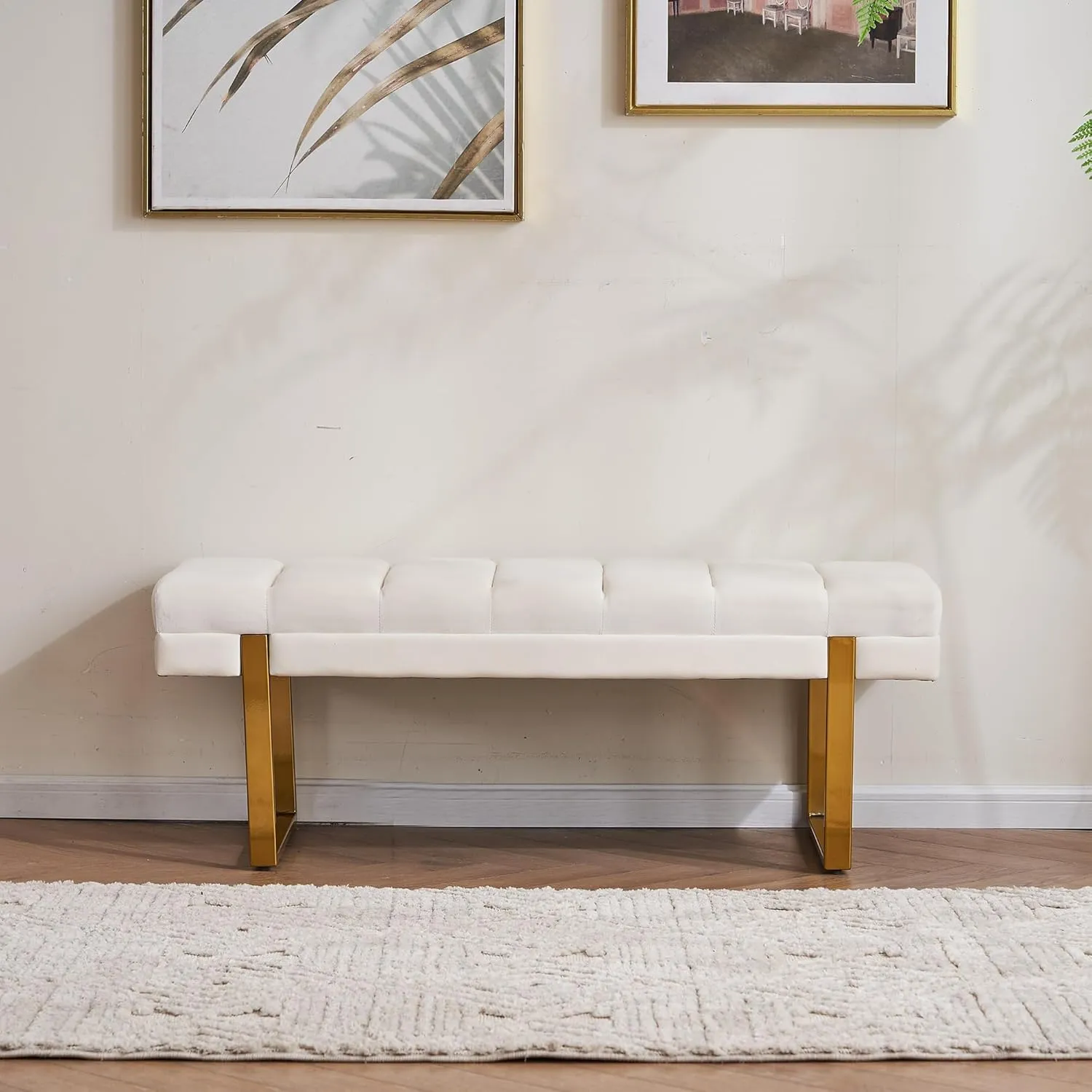 Velvet Ottoman Bedroom Bench, 46.5" Tufted Padded End of Bed Bench with Gold Legs, Upholstered Dining Table Bench Shoe Bench for Living Room Entryway Window (Ivory, 46" Wide)