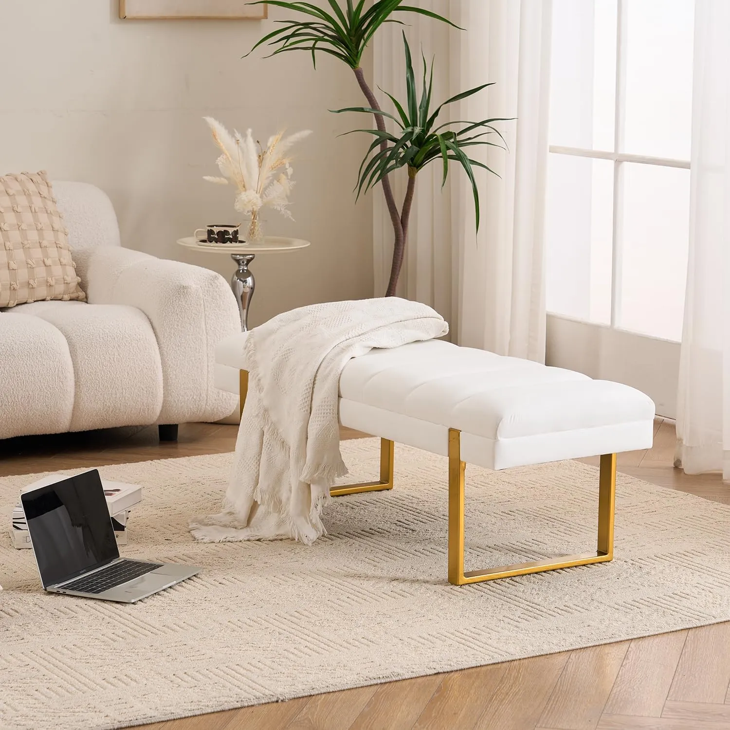 Velvet Ottoman Bedroom Bench, 46.5" Tufted Padded End of Bed Bench with Gold Legs, Upholstered Dining Table Bench Shoe Bench for Living Room Entryway Window (Ivory, 46" Wide)