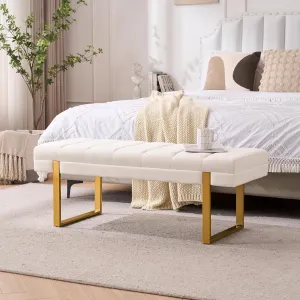 Velvet Ottoman Bedroom Bench, 46.5" Tufted Padded End of Bed Bench with Gold Legs, Upholstered Dining Table Bench Shoe Bench for Living Room Entryway Window (Ivory, 46" Wide)