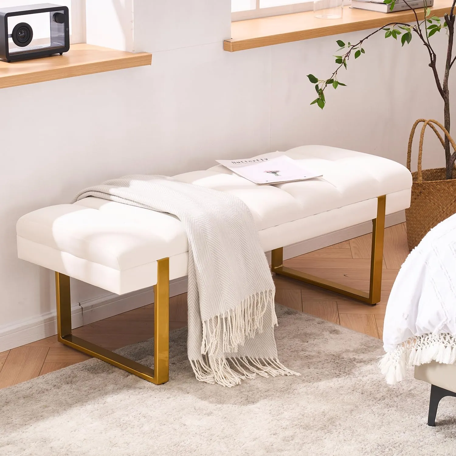 Velvet Ottoman Bedroom Bench, 46.5" Tufted Padded End of Bed Bench with Gold Legs, Upholstered Dining Table Bench Shoe Bench for Living Room Entryway Window (Ivory, 46" Wide)