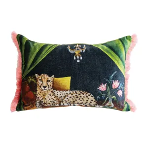 Velvet Printed Lumbar Pillow with Eyelash Fringe